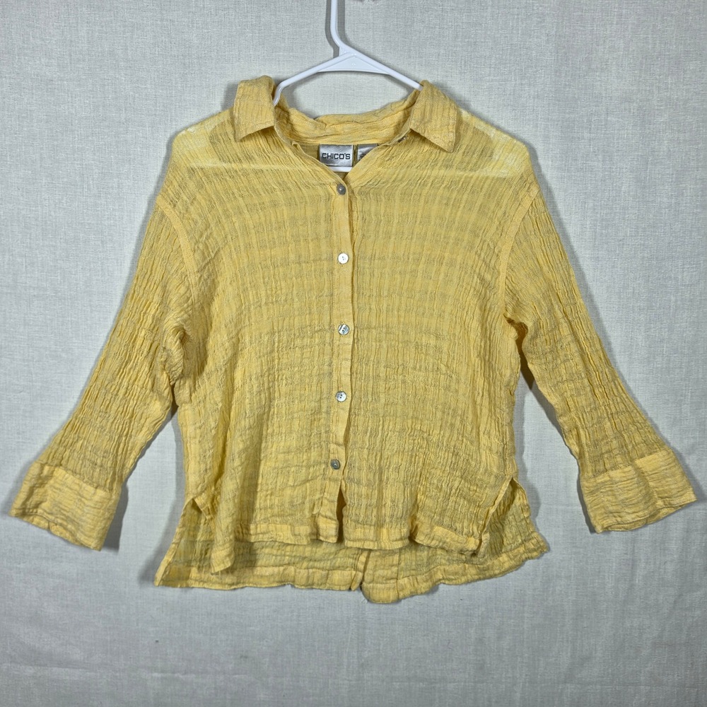 Chicos Blouses Womens 1 Linen Yellow Crinkle Gauze Minimalist Top